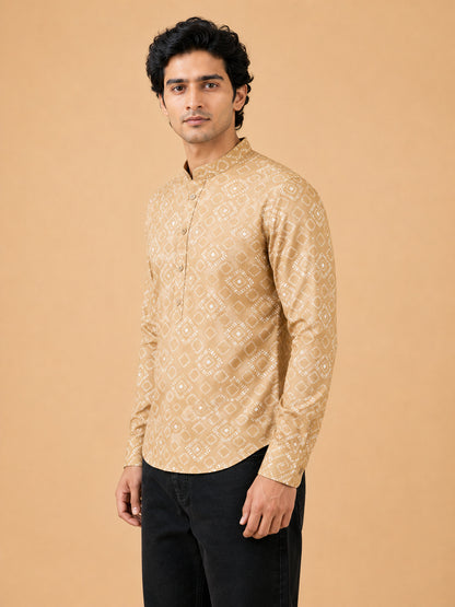 Mustard Linen Printed Short Kurta