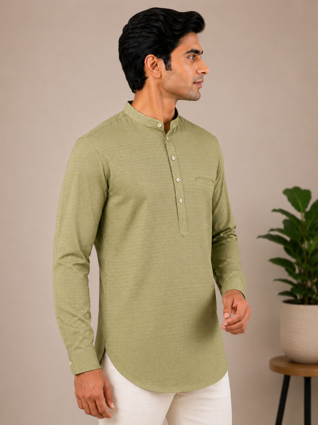 Olive Green Cotton Short Kurta with Mandarin Collar