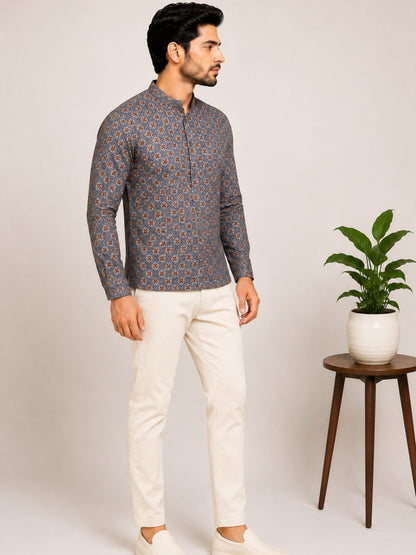 Slate Grey Cotton Printed Short Kurta
