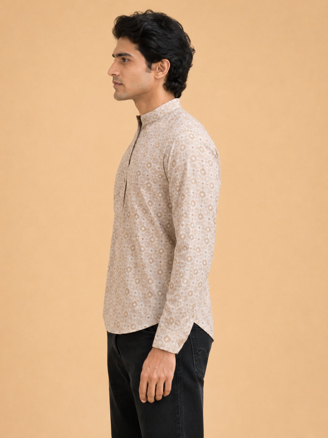 Beige Linen Printed Short Kurta