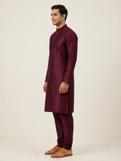 Wine Art Silk Plain Kurta Set Festive Wear