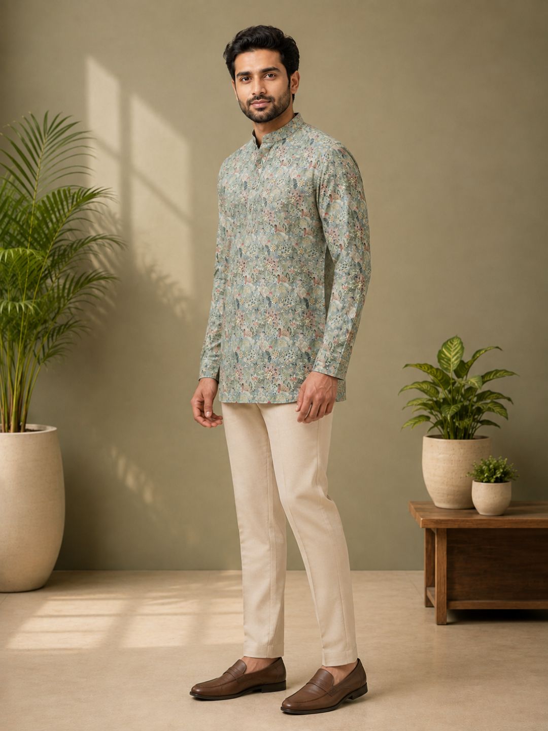 Moss Green Cotton Printed Short Kurta