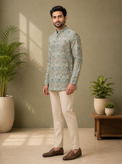 Moss Green Cotton Printed Short Kurta