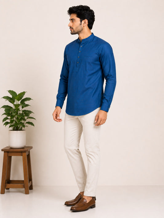 Teal Blue Plain Cotton Short Kurta