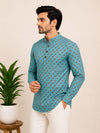 Turquoise Blue Cotton Printed Short Kurta