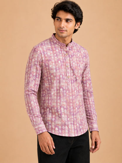 Onion Pink Linen Printed Short Kurta