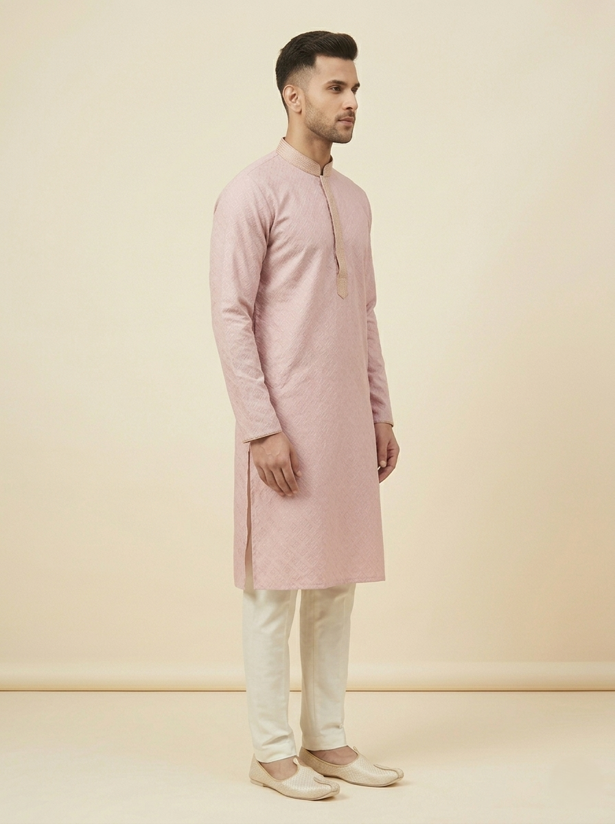 Onion Pink Art Silk Jaquard Kurta Set Festive Wear