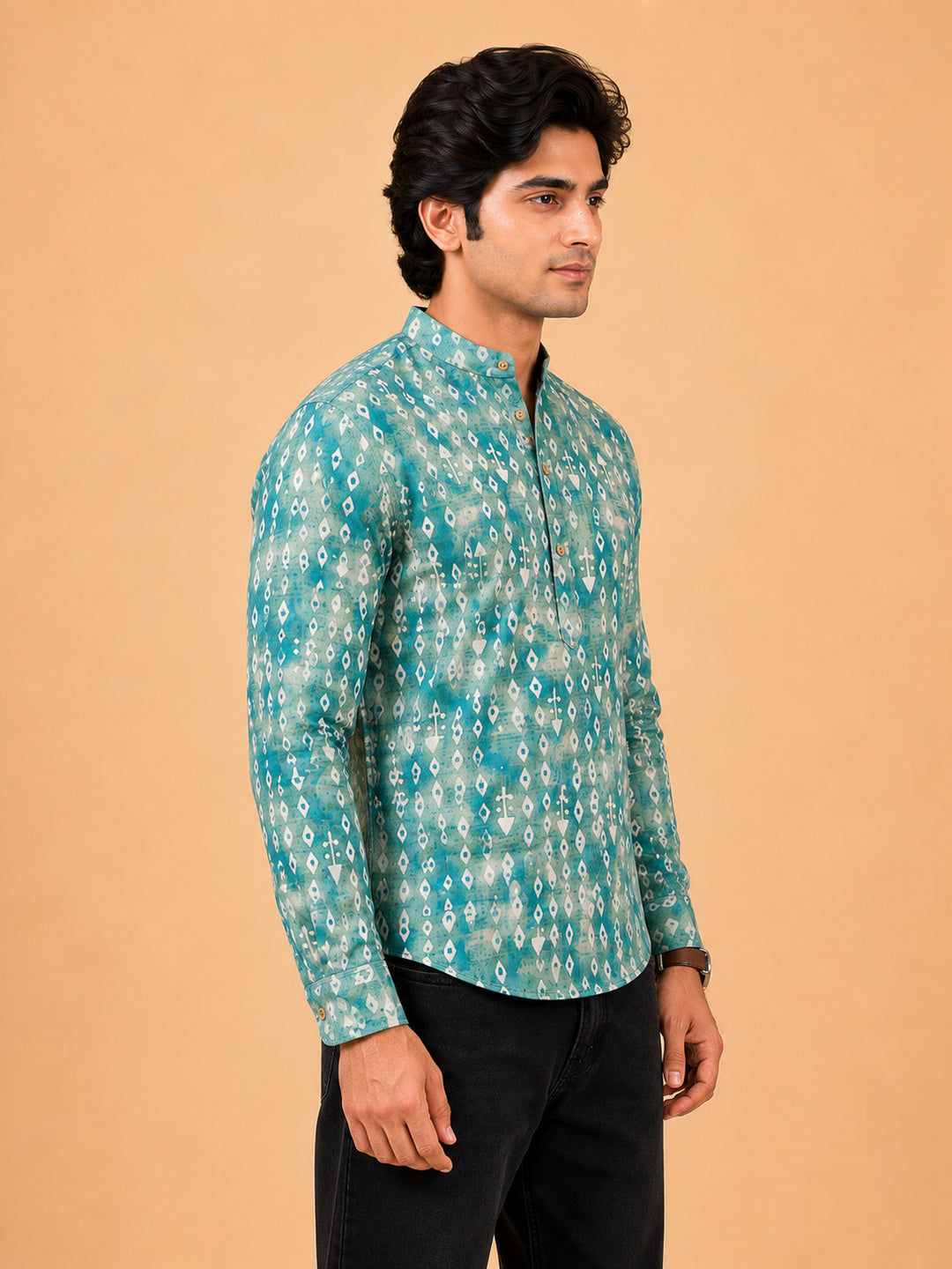 Mint Green Linen Printed Short Kurta