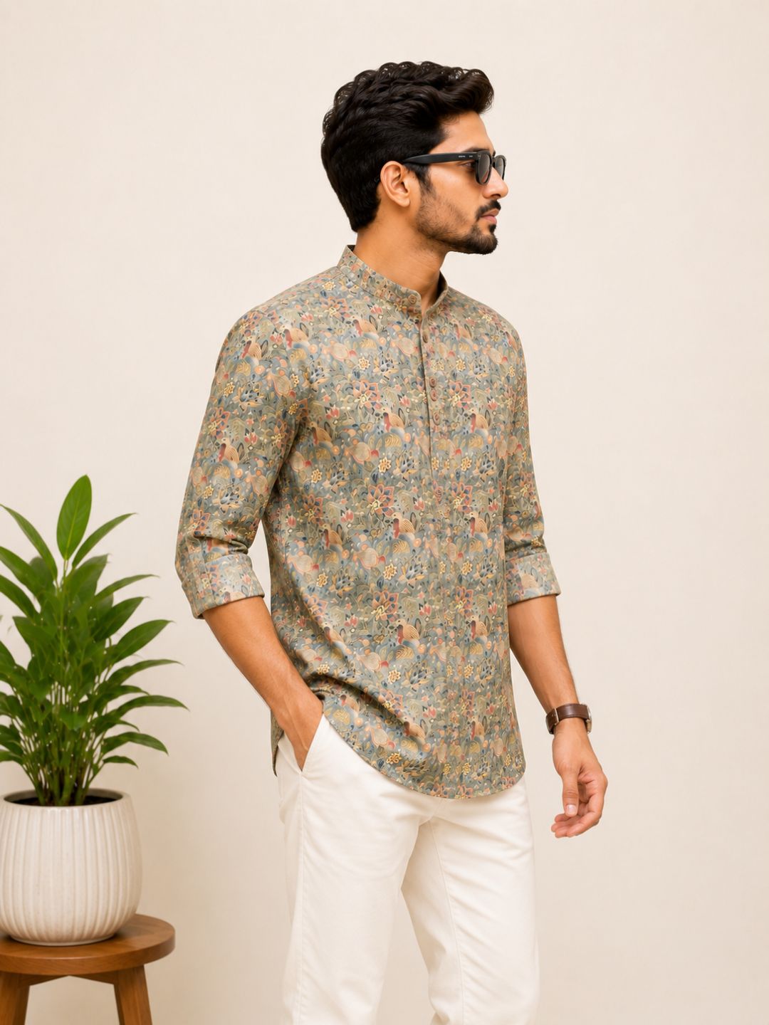 Coffee Brown Cotton Printed Short Kurta
