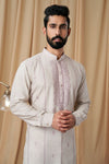 Beige Tusser Embroidered Kurta Pyjama