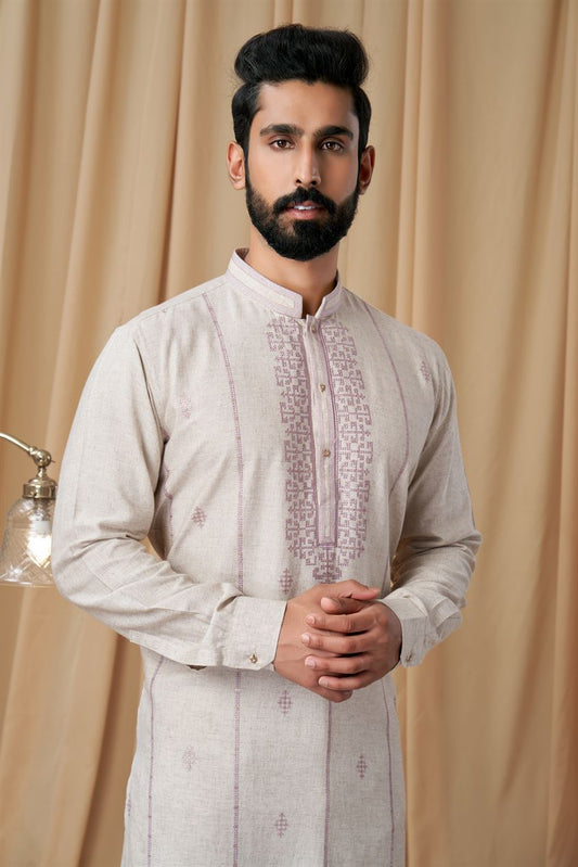 Beige Tusser Embroidered Kurta Pyjama