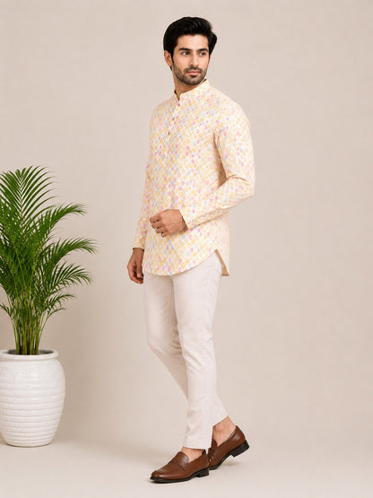 Multi Coloured Linen Printed Short Kurta