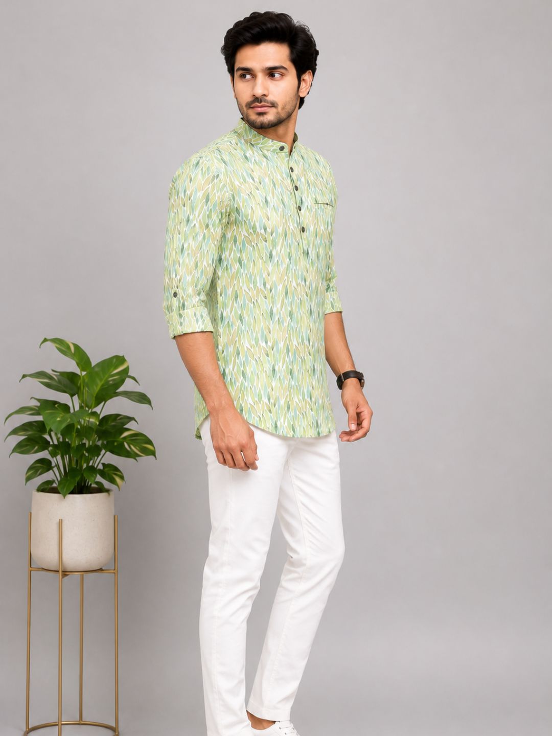 Pista Green Cotton Printed Short Kurta