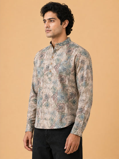 Beige Linen Printed Short Kurta