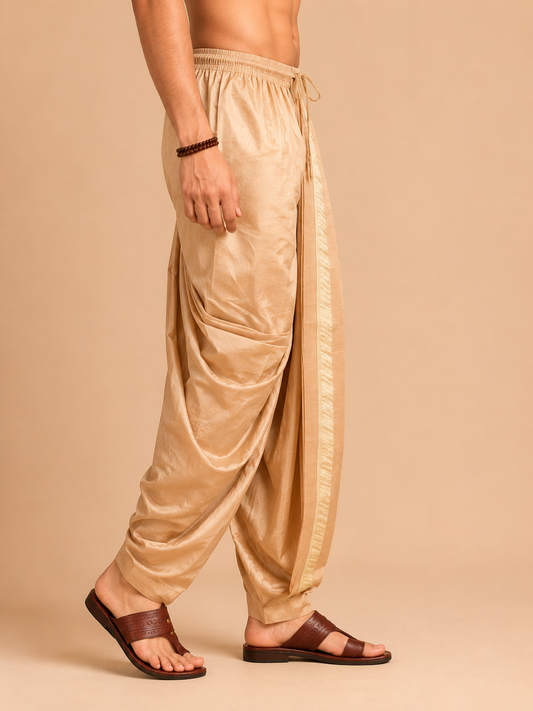 Gold Art Silk Zari Border Dhoti with Dupatta Festive Wear