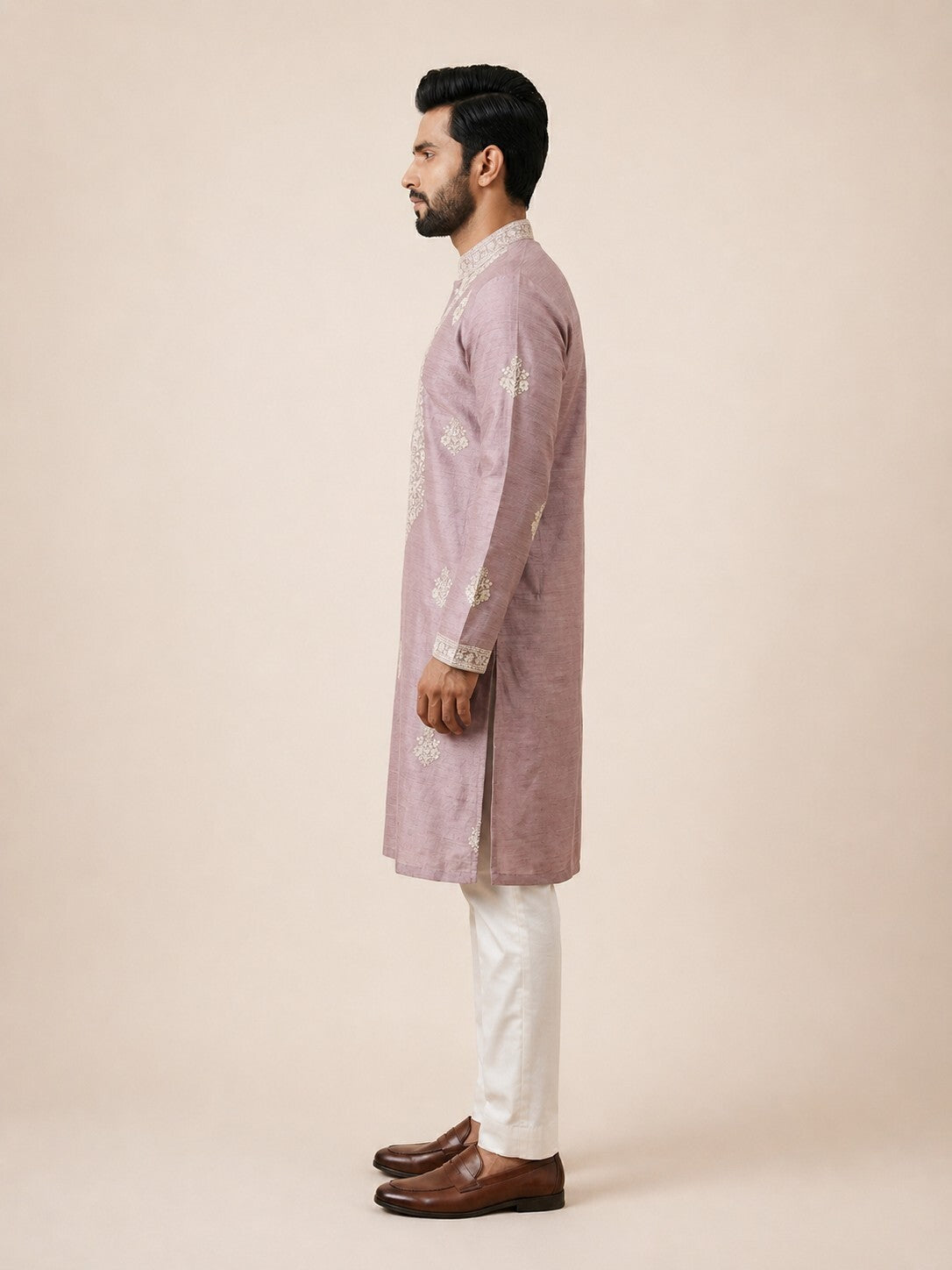 Onion Pink Linen Thread Embroidered Kurta Set for Festive Wear