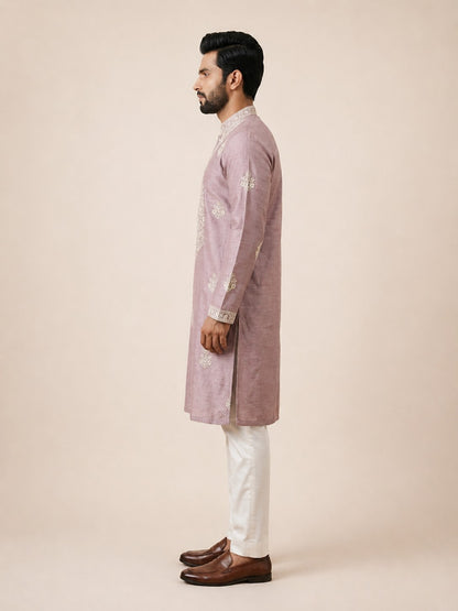 Onion Pink Linen Thread Embroidered Kurta Set for Festive Wear