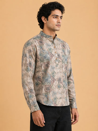 Beige Linen Printed Short Kurta