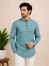 Turquoise Blue Cotton Printed Short Kurta