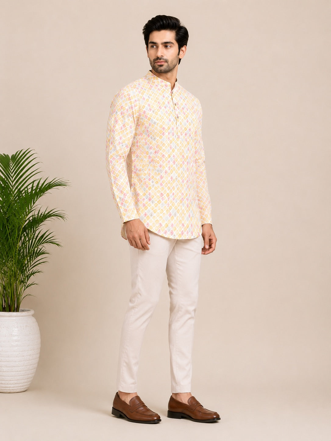 Multi Coloured Linen Printed Short Kurta