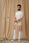 Beige Tusser Embroidered Kurta Pyjama