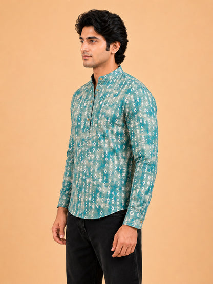 Mint Green Linen Printed Short Kurta