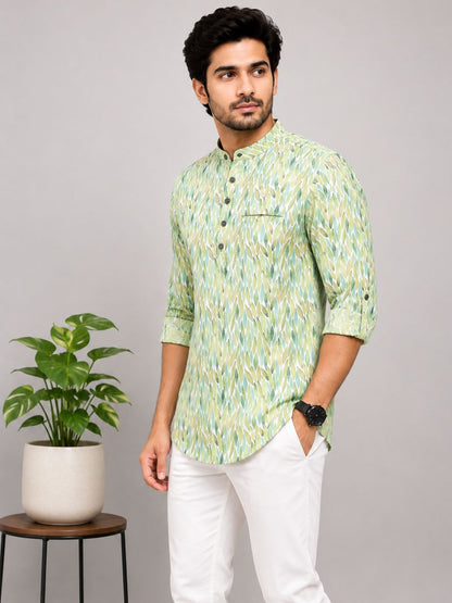 Pista Green Cotton Printed Short Kurta