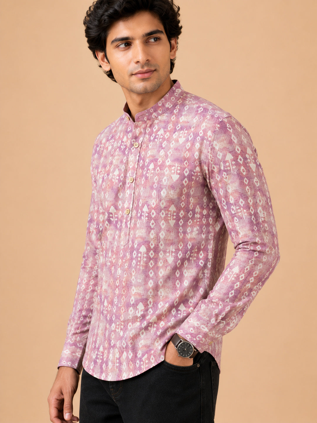Onion Pink Linen Printed Short Kurta