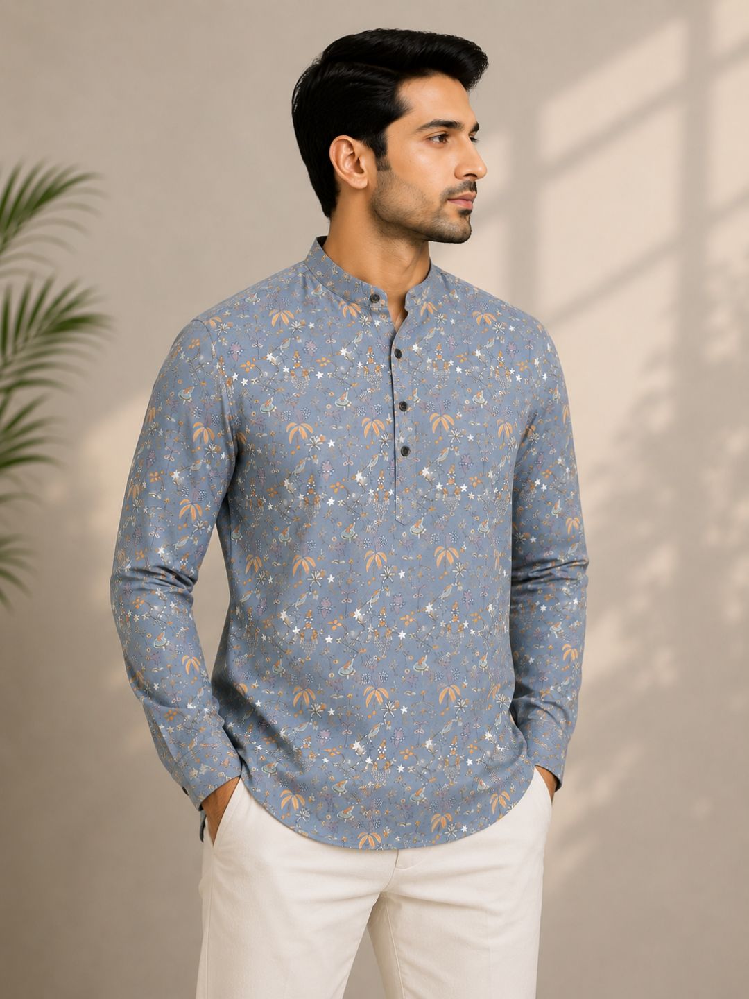 Pearl Grey Cotton Printed Short Kurta