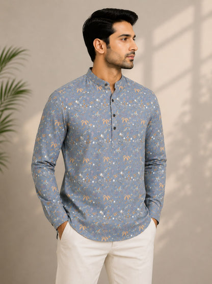 Pearl Grey Cotton Printed Short Kurta