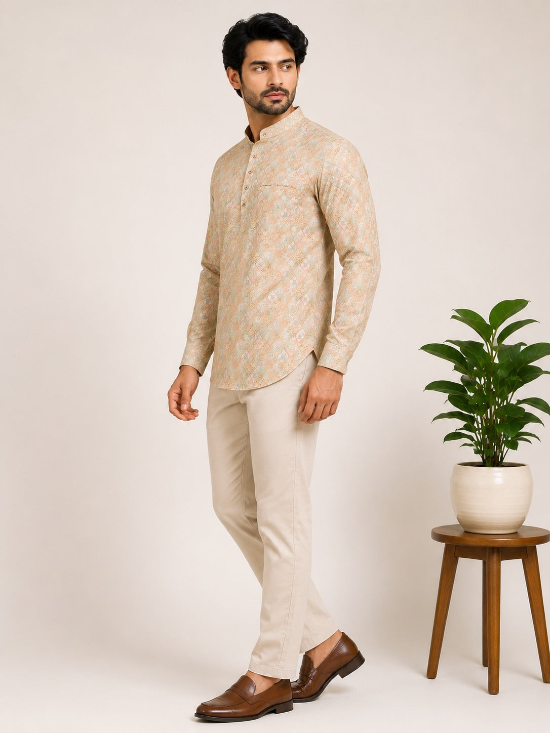 Lemon Yellow Cotton Printed Short Kurta