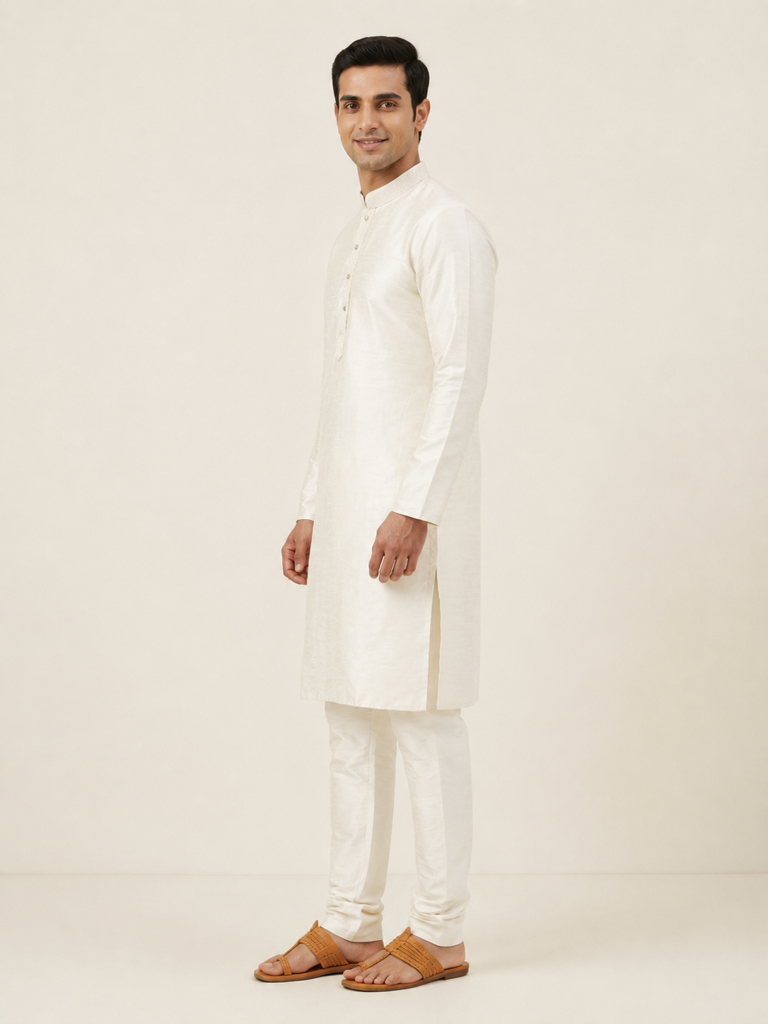 Cream Art Silk Plain Kurta Set Festive Wear