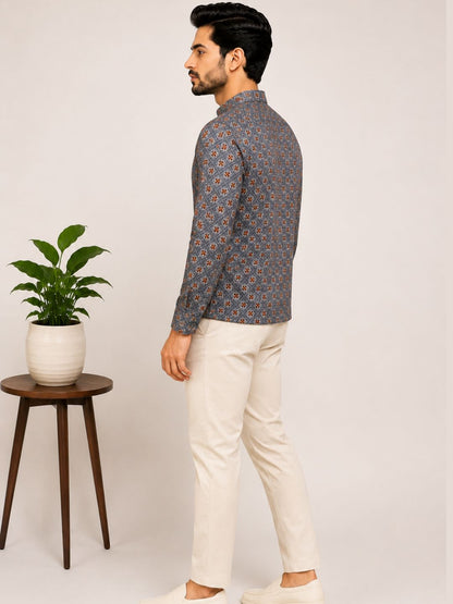 Slate Grey Cotton Printed Short Kurta