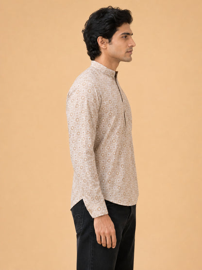 Beige Linen Printed Short Kurta