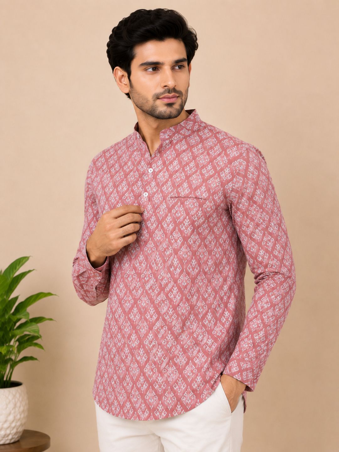Onion Pink Cotton Printed Short Kurta