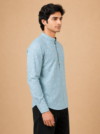 Mint Green Linen Printed Short Kurta