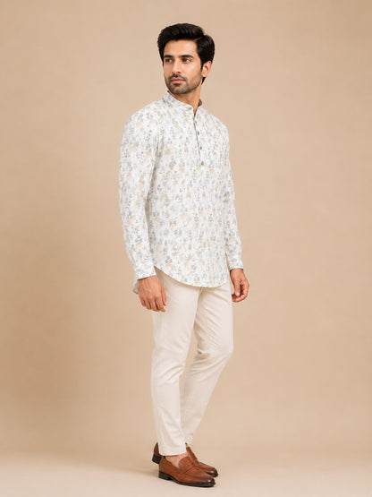 White Cotton Printed Short Kurta