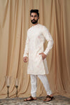 Off White Matka Silk Embroidered Kurta Pyjama