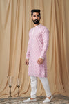 Onion Pink Muslin Allover Embroidered Kurta Pyjama