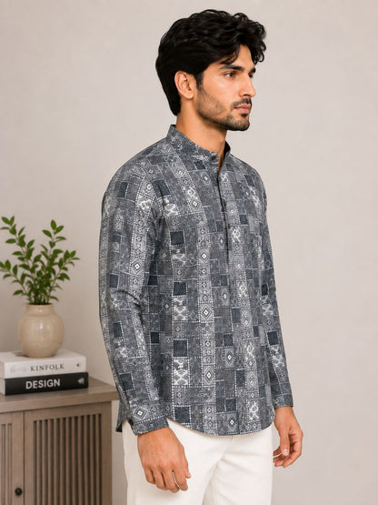 Ash Grey Cotton Printed Short Kurta