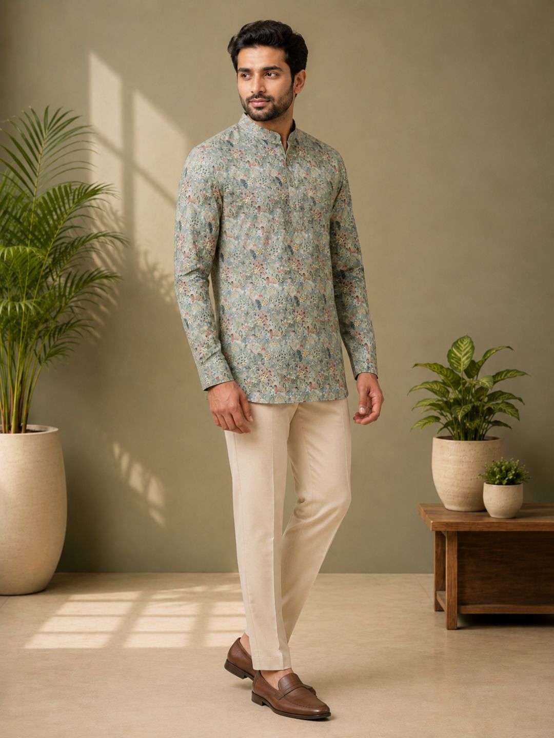 Moss Green Cotton Printed Short Kurta