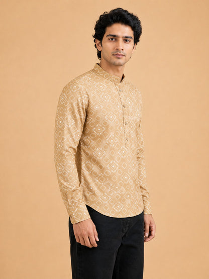 Mustard Linen Printed Short Kurta