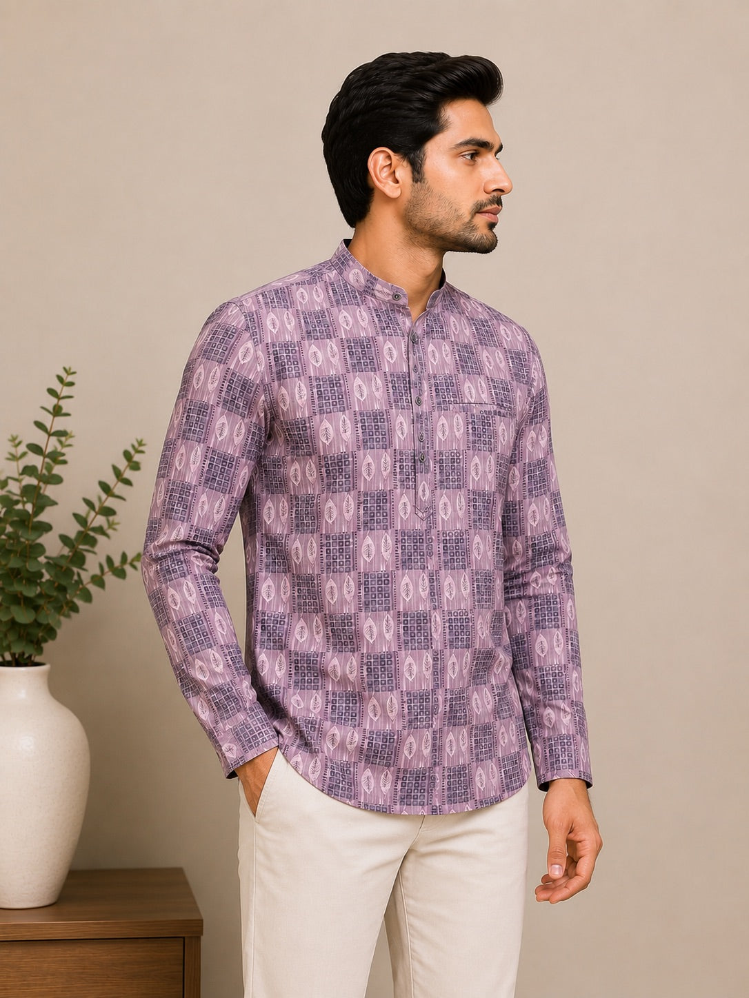 Onion Pink Cotton Printed Short Kurta