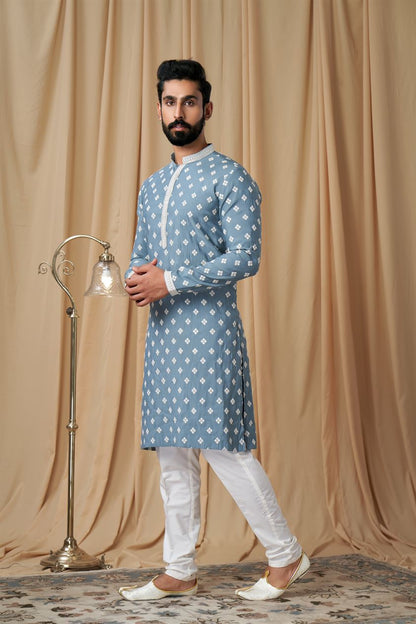 Air Force Blue Muslin Allover Embroidered Kurta Pyjama
