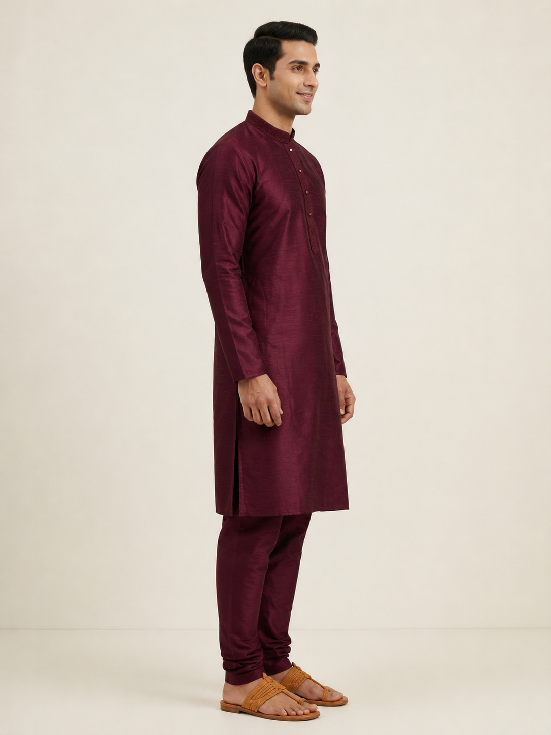 Wine Art Silk Plain Kurta Set Festive Wear