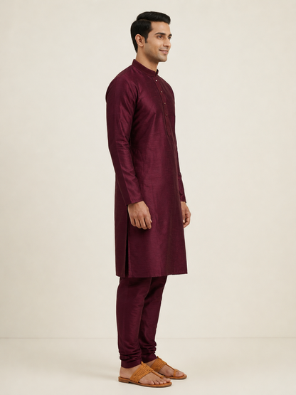 Wine Art Silk Plain Kurta Set Festive Wear