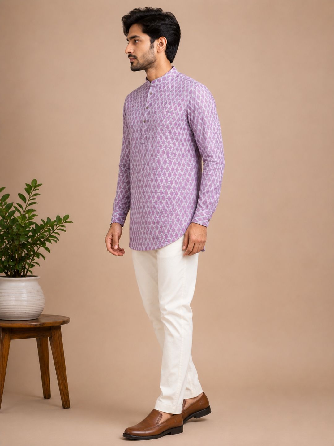 Lavender Linen Printed Short Kurta