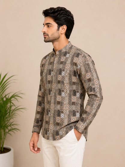 Olive Green Cotton Printed Short Kurta