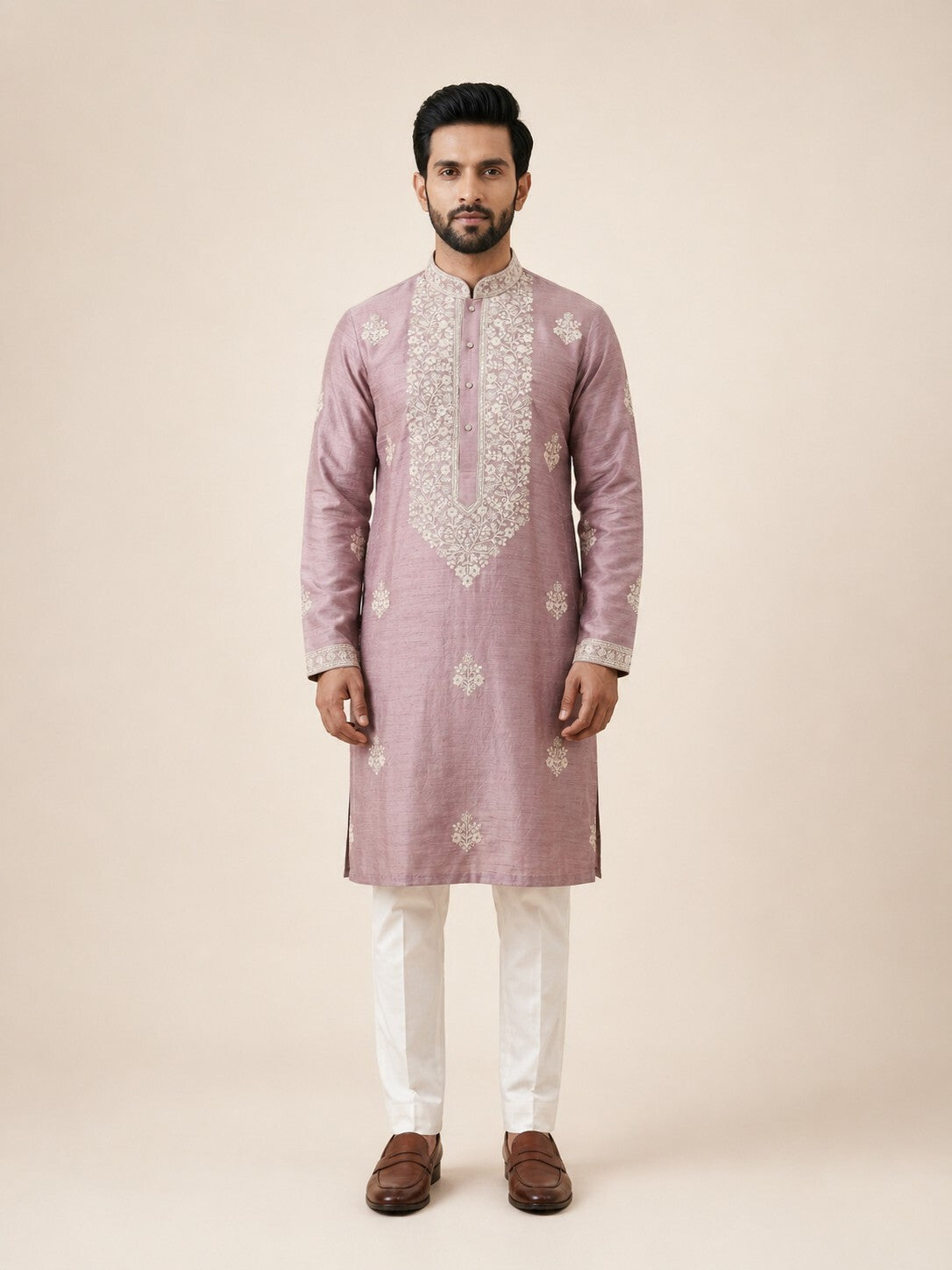 Onion Pink Linen Thread Embroidered Kurta Set for Festive Wear