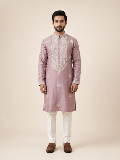 Onion Pink Linen Thread Embroidered Kurta Set for Festive Wear